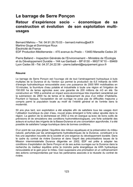 Le Barrage De Serre Ponçon Retour D’Expérience Socio - Économique De Sa Construction Et Évolution De Son Exploitation Multi- Usages