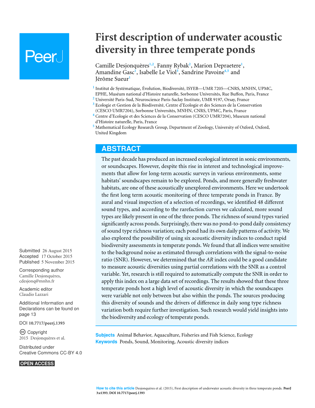 First Description of Underwater Acoustic Diversity in Three Temperate Ponds