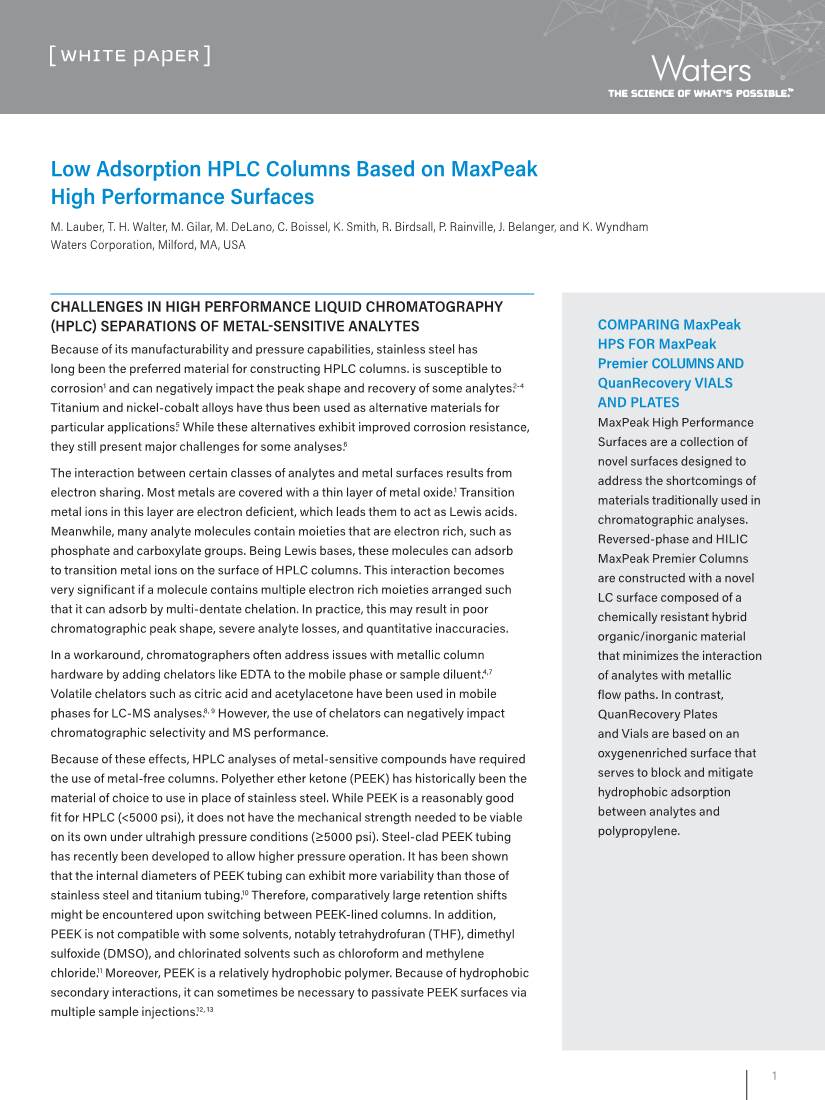 Low Adsorption LC Technology Based on Maxpeak High Performance