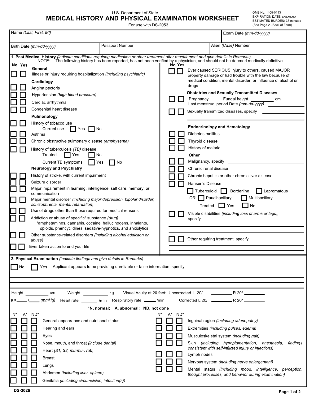 Medical History and Physical Examination Worksheet