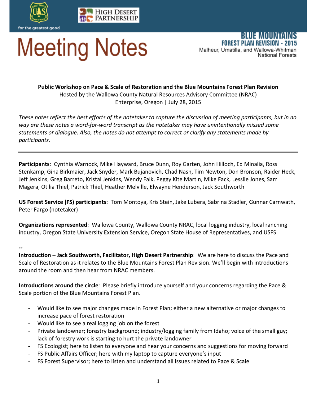 Pace and Scale of Restoration As It Relates to the Blue Mountains Forest Plan Revision