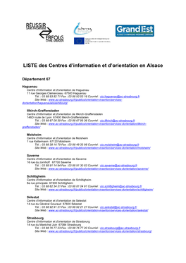 LISTE Des Centres D'information Et D'orientation En Alsace
