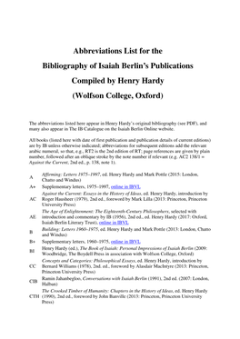 Abbreviations List for the Bibliography of Isaiah Berlin’S Publications Compiled by Henry Hardy (Wolfson College, Oxford)