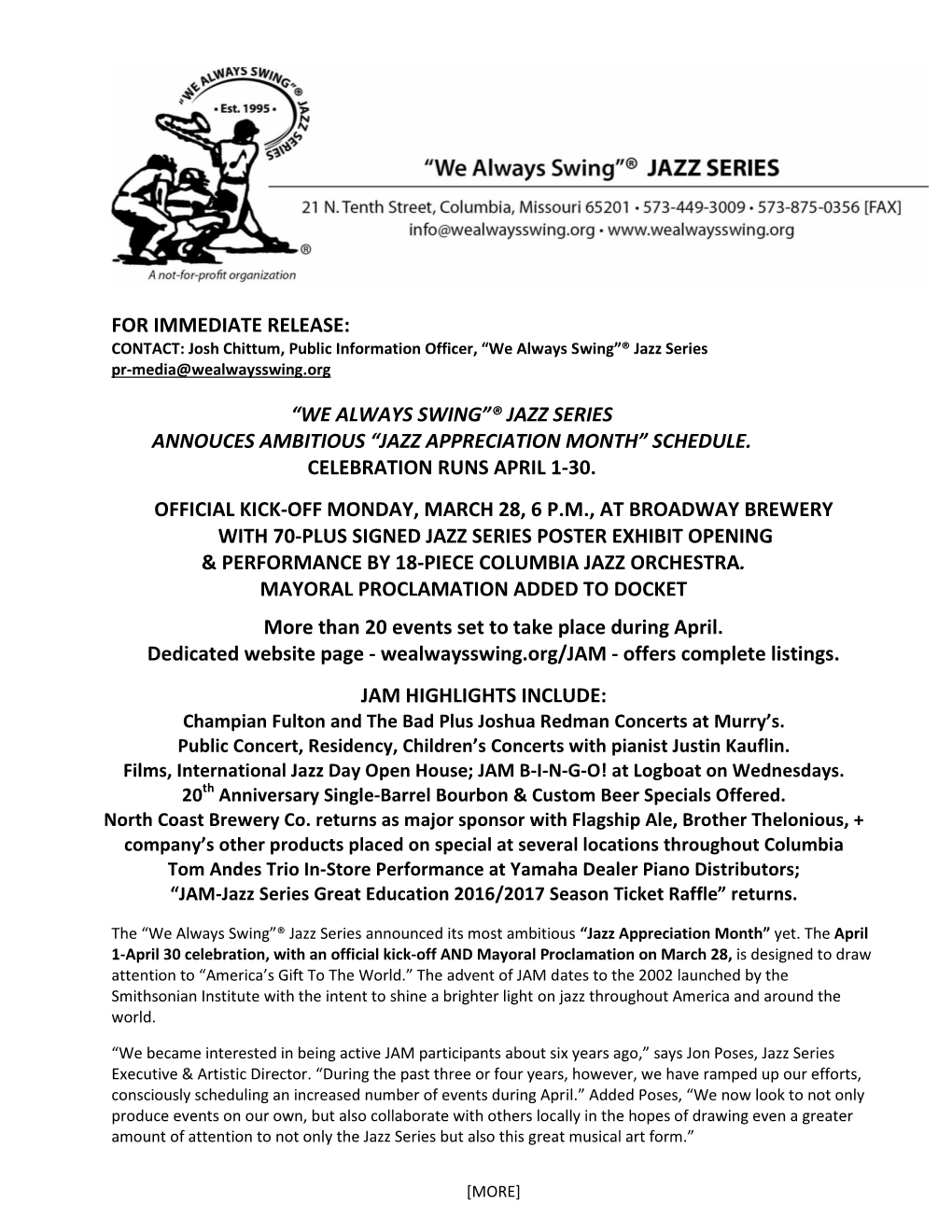 For Immediate Release: “We Always Swing”® Jazz Series Annouces Ambitious “Jazz Appreciation Month” Schedule. Celebratio