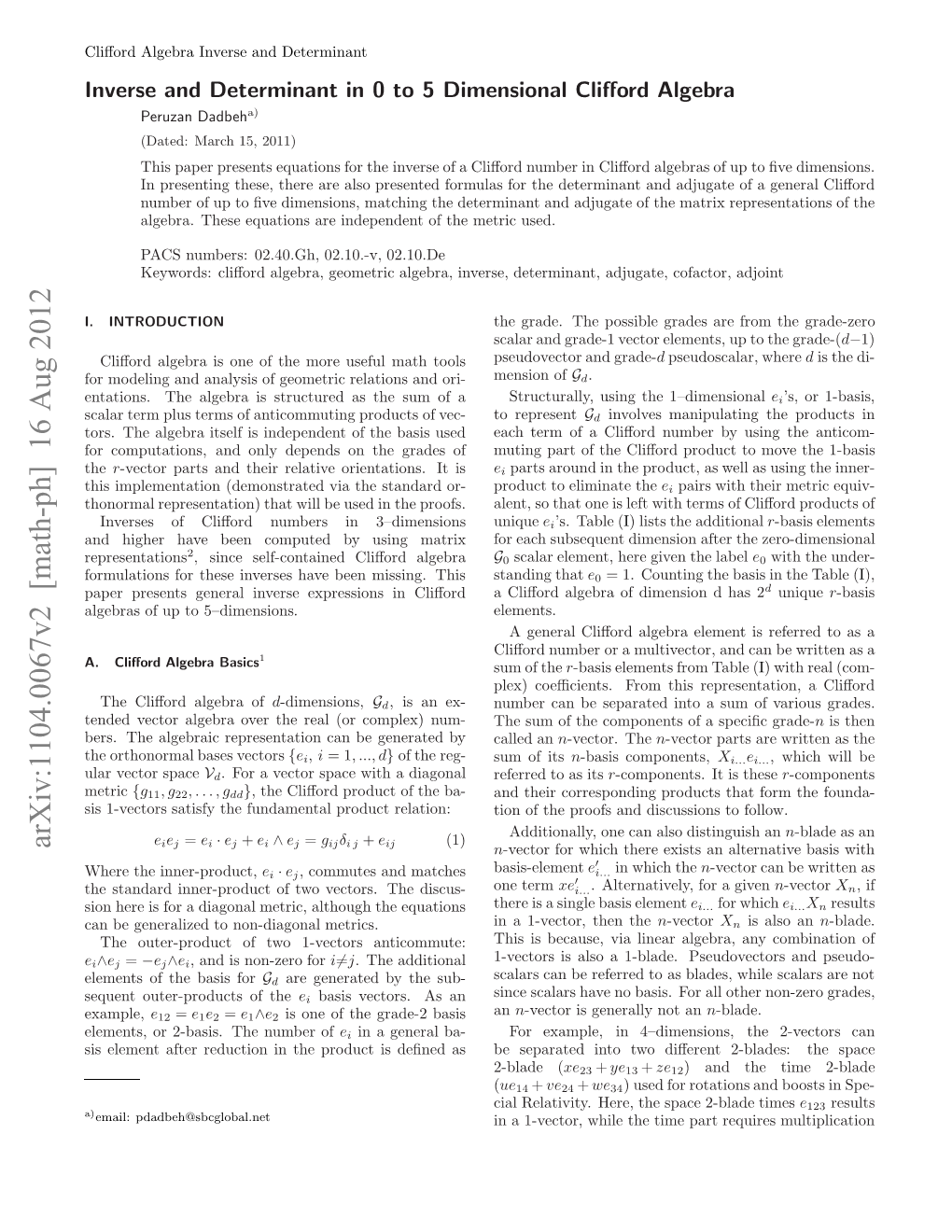 Inverse and Determinant in 0 to 5 Dimensional Clifford Algebra