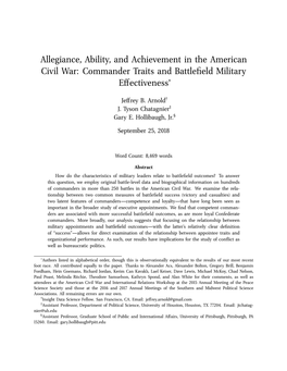 Allegiance, Ability, and Achievement in the American Civil War: Commander Traits and Battleﬁeld Military EEctiveness*