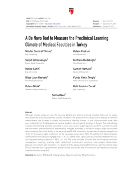 A De Novo Tool to Measure the Preclinical Learning Climate of Medical Faculties in Turkey Nilufer Demiral Yilmaza Ozlem Coskunf Ege University Gazi University