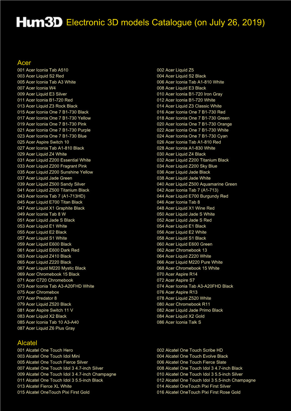 Electronic 3D Models Catalogue (On July 26, 2019)