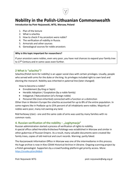 Nobility in the Polish-Lithuanian Commonwealth Introduction by Piotr Nojszewski, WTG, Warsaw, Poland Legal Warning 1