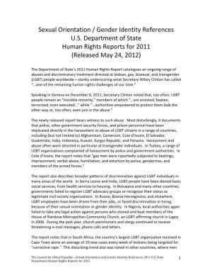 Sexual Orientation / Gender Identity References U.S. Department of State Human Rights Reports for 2011 (Released May 24, 2012)