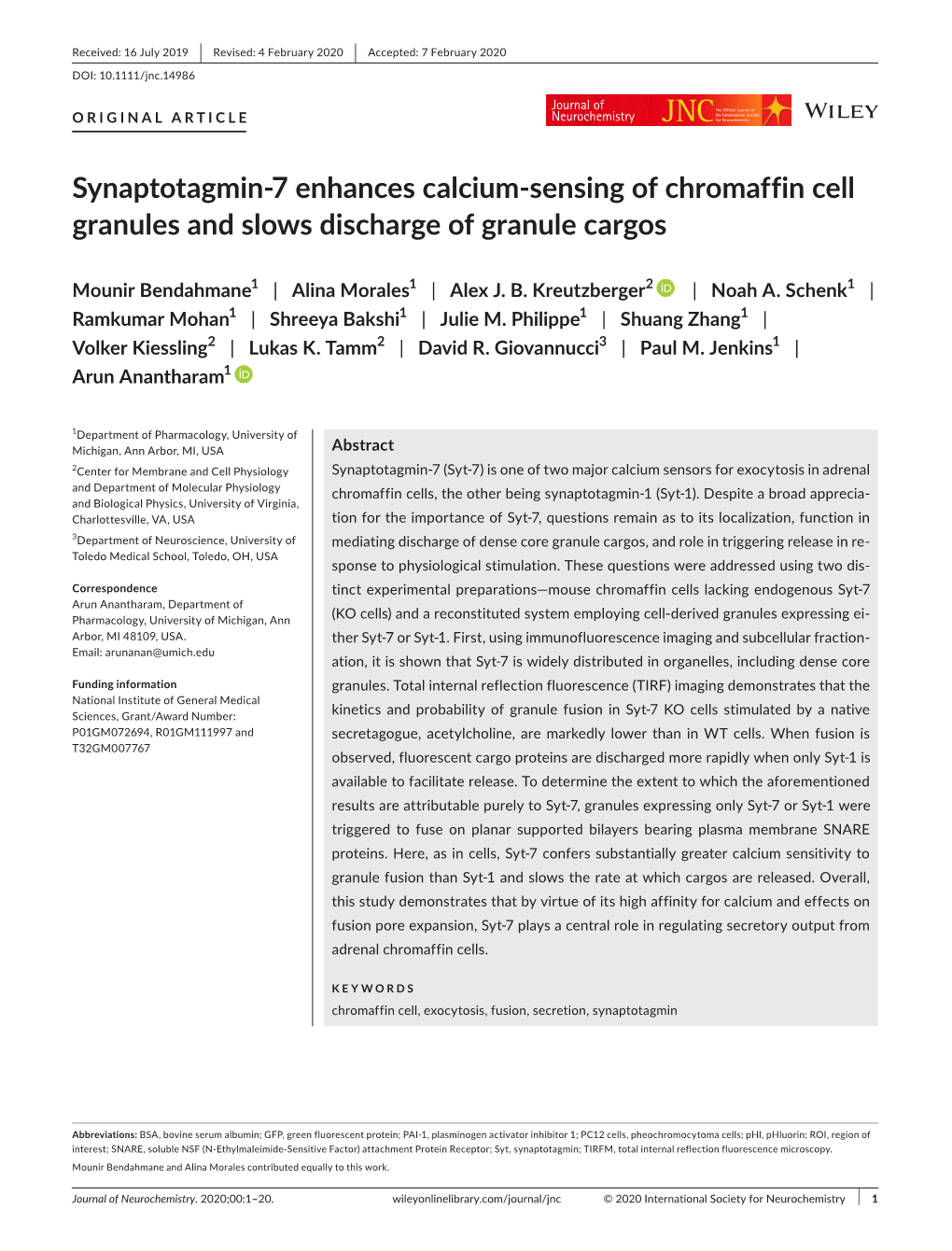 Synaptotagmin-7 Enhances Calcium-Sensing of Chromaffin Cell Granules and Slows Discharge of Granule Cargos