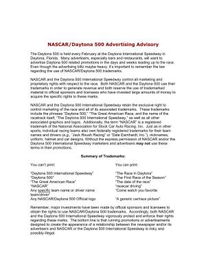 NASCAR-Daytona 500 Advertising Advisory