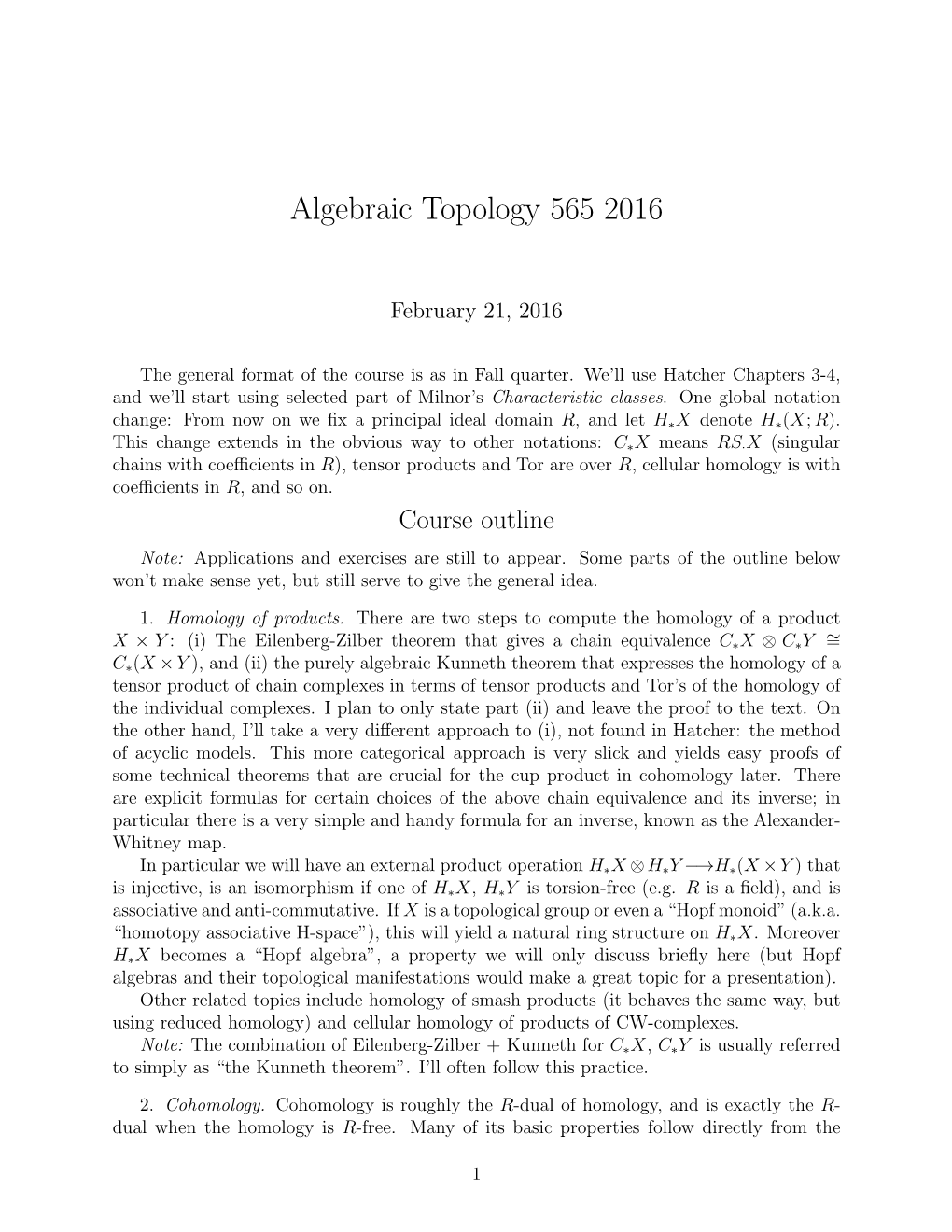 Algebraic Topology 565 2016