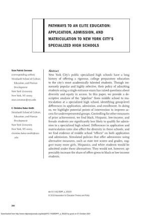 Application, Admission, and Matriculation to New York City's
