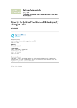 Timur in the Political Tradition and Historiography of Mughal India