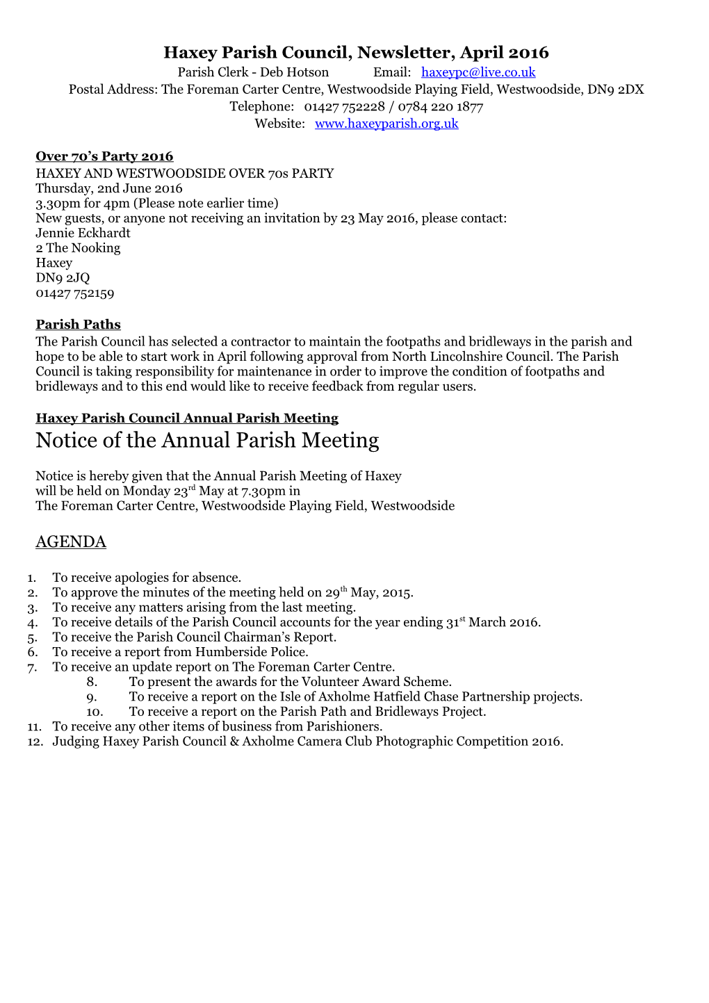 Haxey Parish Council, Newsletter, August 2012