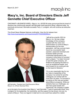 Macy's, Inc. Board of Directors Elects Jeff Gennette Chief Executive Officer