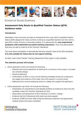 Assessment Only Route to Qualified Teacher Status (QTS) Guidance Notes