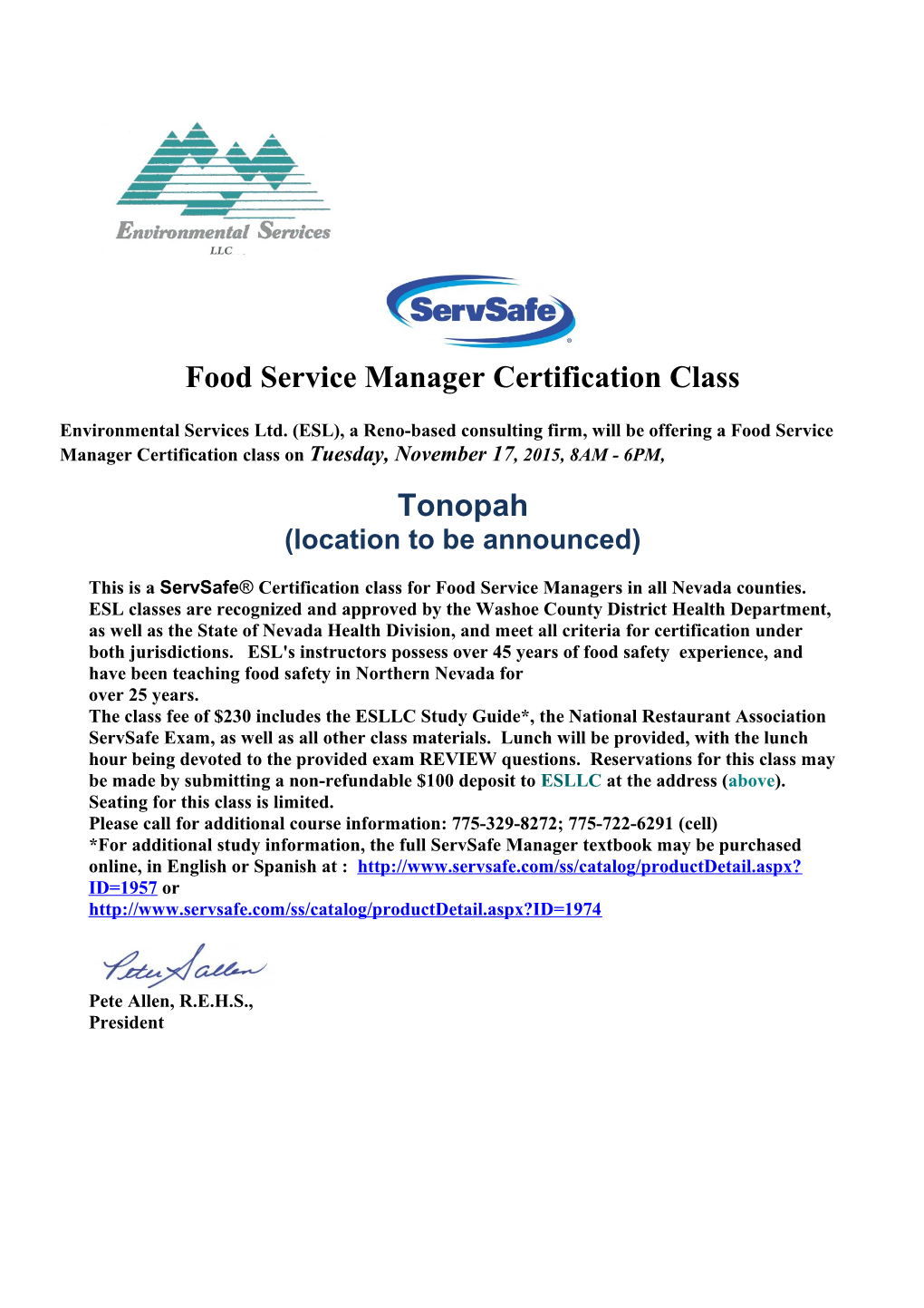 Food Service Manager Certification Class s1