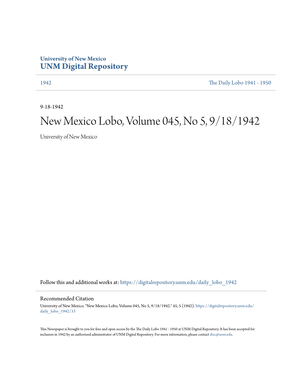 New Mexico Lobo, Volume 045, No 5, 9/18/1942 University of New Mexico
