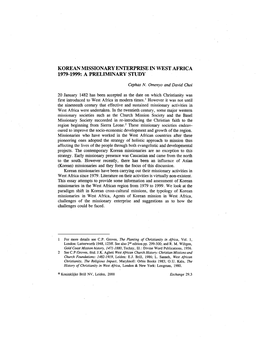 Korean Missionary Enterprise in West Africa 1979-1999: a Preliminary Study