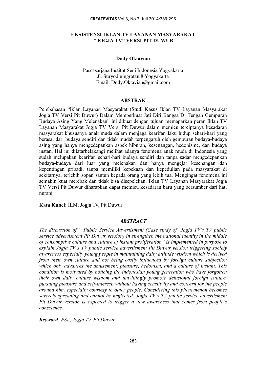 “JOGJA TV” VERSI PIT DUWUR Dody Oktavian Pascasarjana Institut Seni