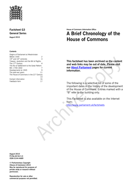 A Brief Chronology of the House of Commons House of Commons Information Office Factsheet G3