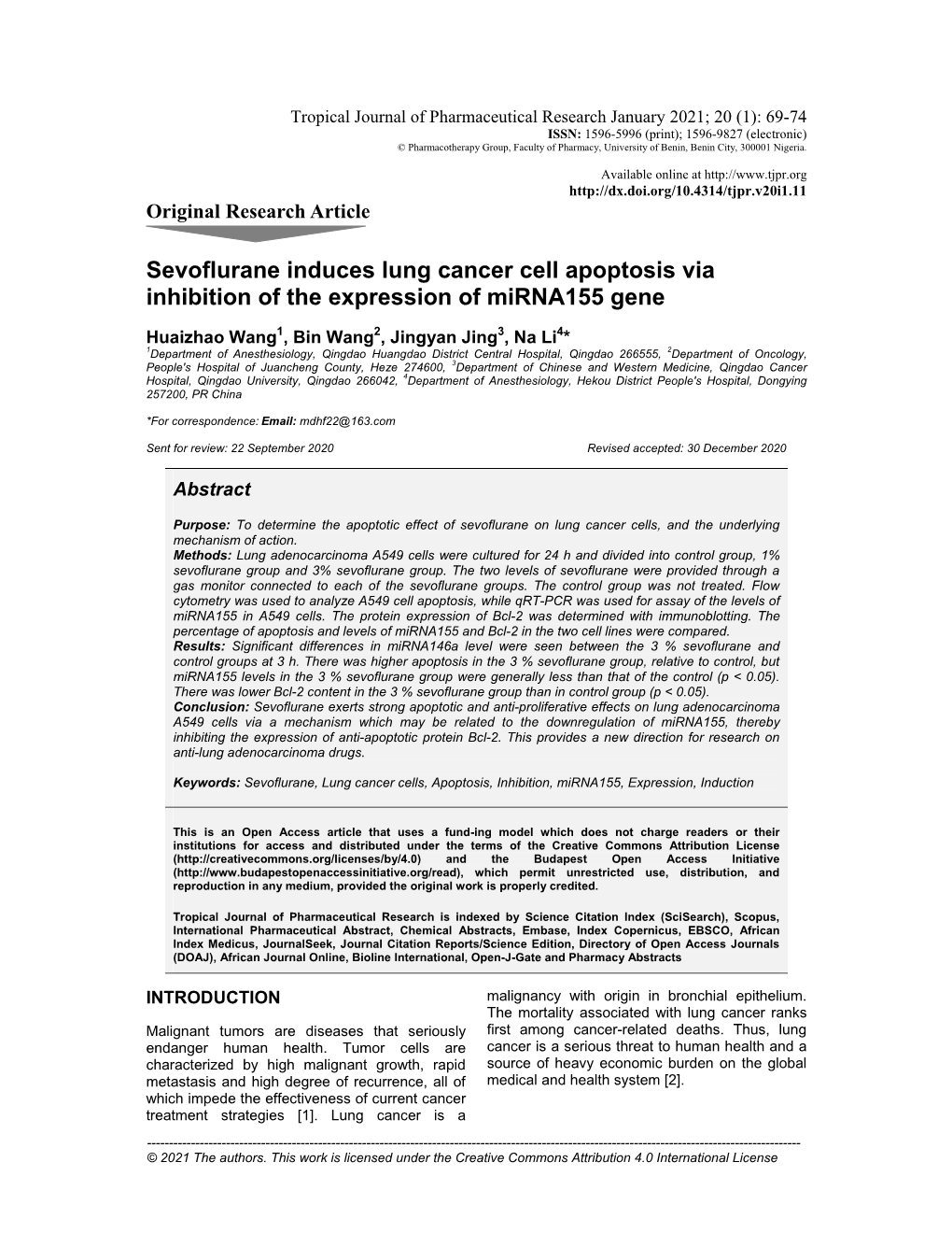 Sevoflurane Induces Lung Cancer Cell Apoptosis Via Inhibition of the Expression of Mirna155 Gene