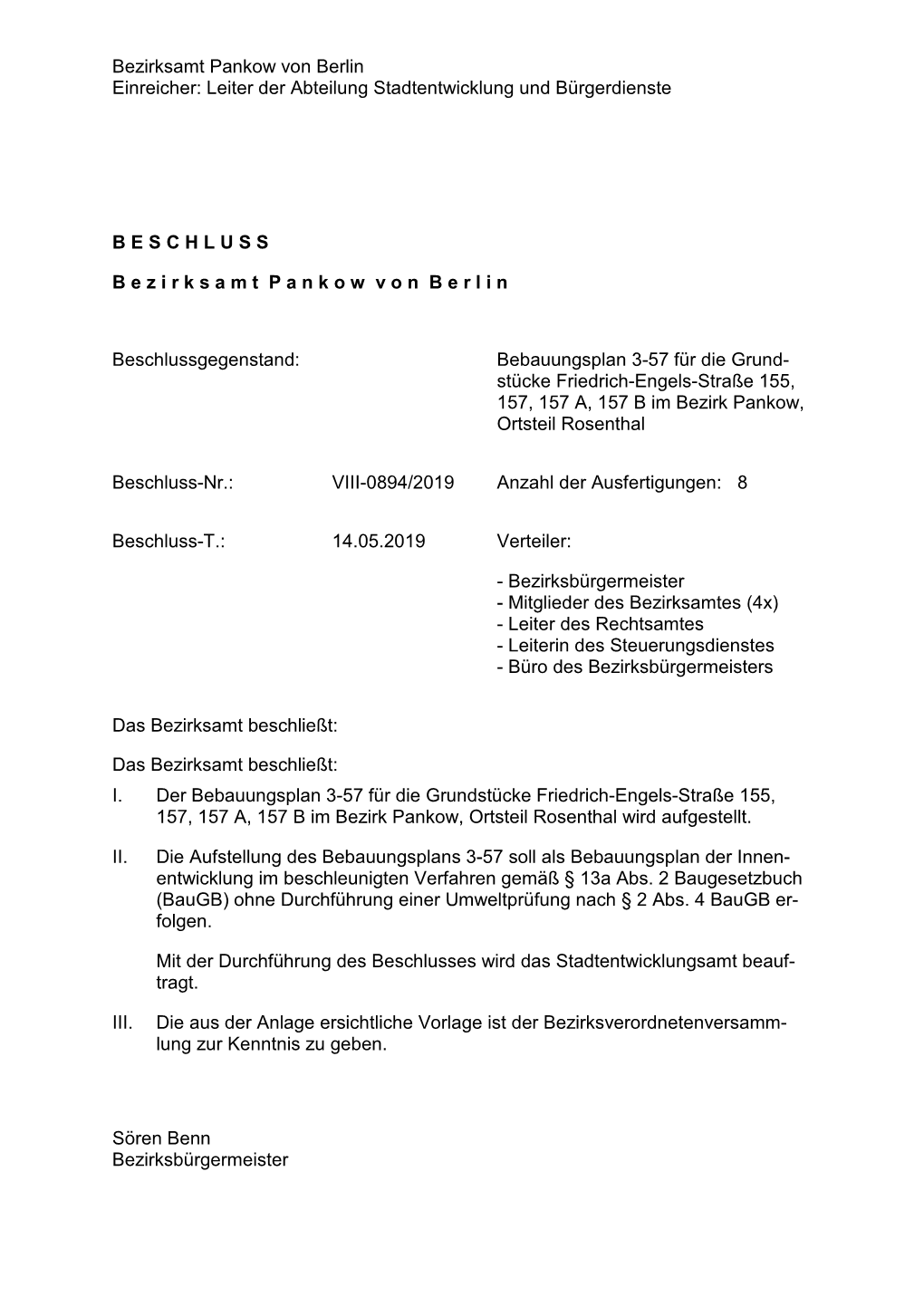 Bezirksamt Pankow Von Berlin Einreicher: Leiter Der Abteilung Stadtentwicklung Und Bürgerdienste