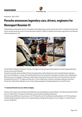 Porsche Announces Legendary Cars, Drivers, Engineers for Rennsport Reunion VI, Press Release, 09/06/2018, Porsche AG
