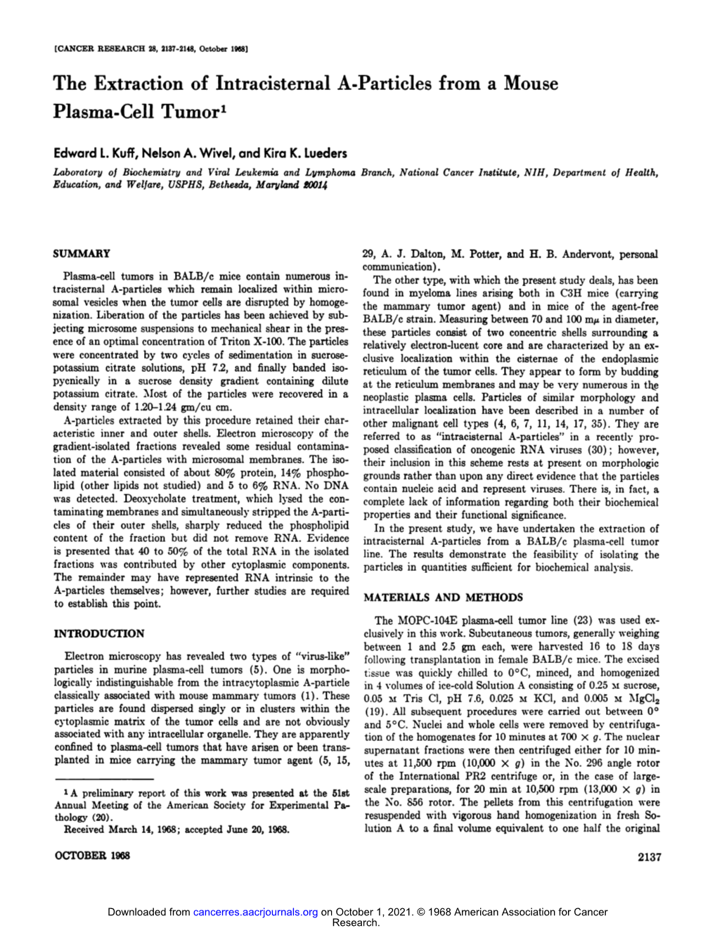 The Extraction of Intracisternal A-Particles from a Mouse Plasma-Cell Tumor1