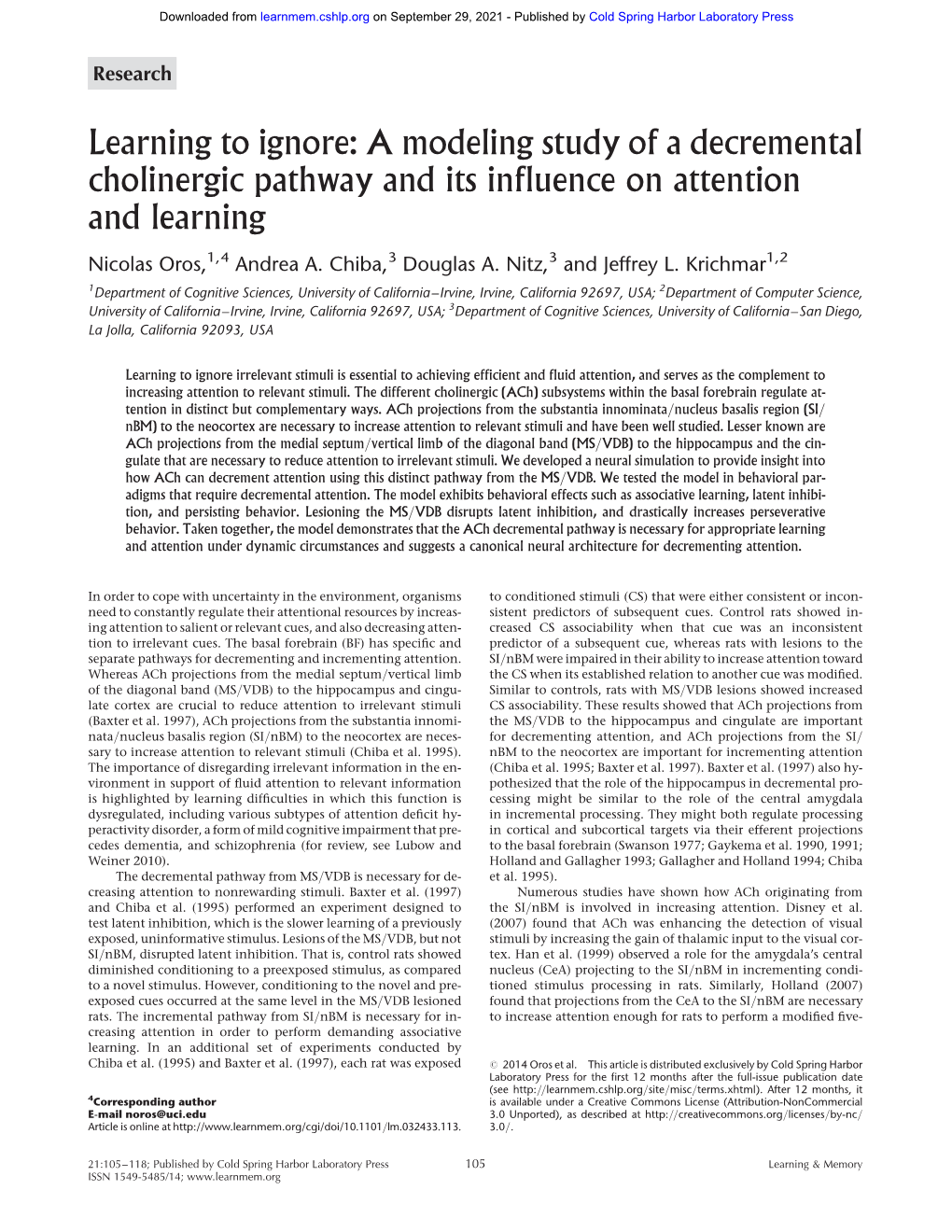 A Modeling Study of a Decremental Cholinergic Pathway and Its Influence on Attention and Learning