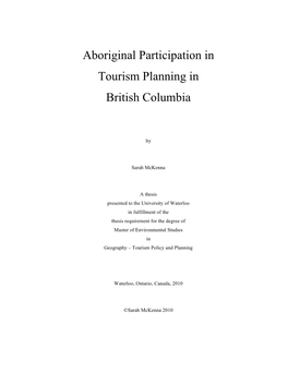 Aboriginal Participation in Tourism Planning in British Columbia
