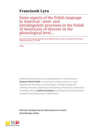 Some Aspects of the Polish Language in America. Inter-And Intralinguistic