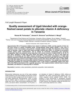 Quality Assessment of Ugali Blended with Orange- Fleshed Sweet Potato to Alleviate Vitamin a Deficiency in Tanzania