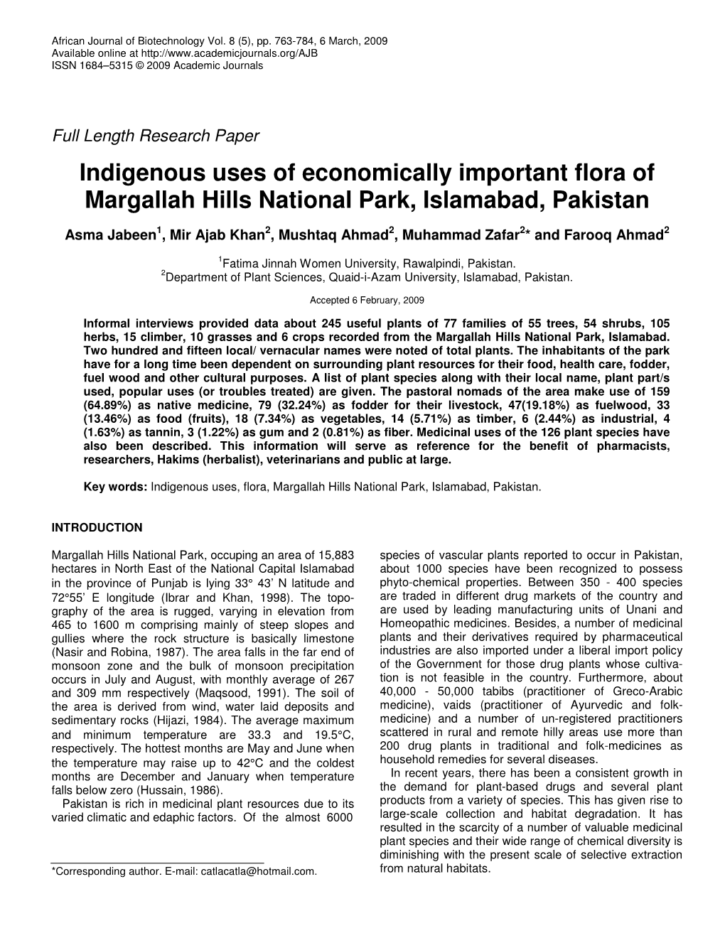 Indigenous Uses of Economically Important Flora of Margallah Hills National Park, Islamabad, Pakistan