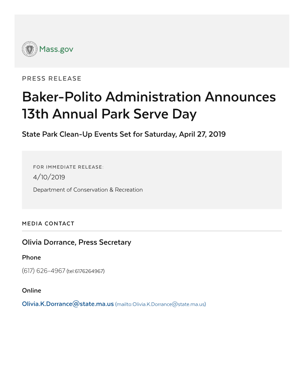 Baker-Polito Administration Announces 13Th Annual Park Serve Day State Park Clean-Up Events Set for Saturday, April 27, 2019