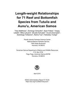 Length-Weight Relationships for 71 Reef and Bottomfish Species from Tutuila and Aunu'u, American Samoa