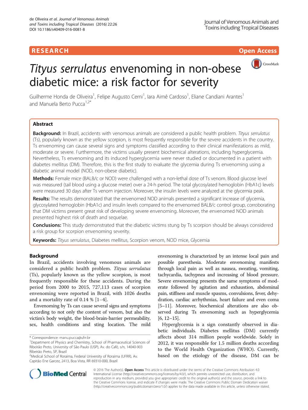 Tityus Serrulatus Envenoming in Non-Obese Diabetic Mice: a Risk