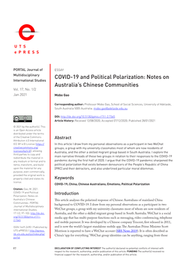 COVID-19 and Political Polarization: Notes on International Studies Australia’S Chinese Communities Vol