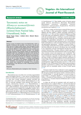 Taxonomic Notes on Allomyces Neomoniliformis (Blastocladiaceae) Isolated from Nanital Lake, Uttarakhand, India