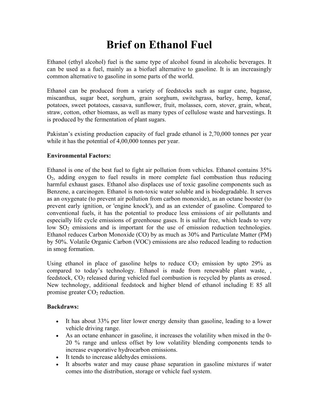 Brief on Ethanol Fuel