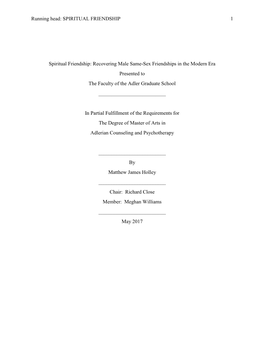 Recovering Male Same-Sex Friendships in the Modern Era Presented to the Faculty of the Adler Graduate School ______