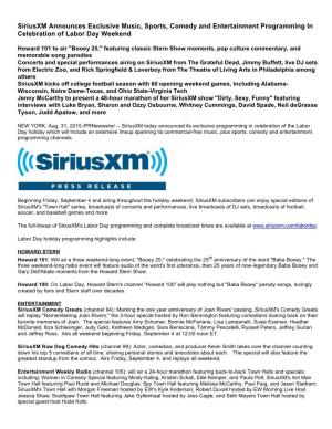 Siriusxm Announces Exclusive Music, Sports, Comedy and Entertainment Programming in Celebration of Labor Day Weekend