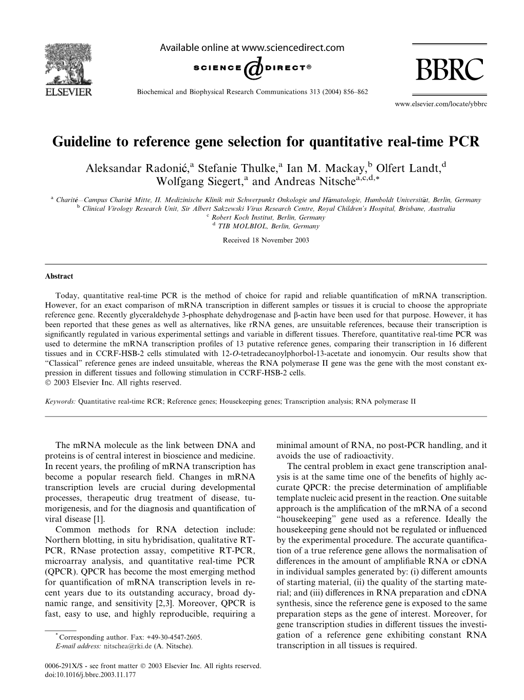 Guideline to Reference Gene Selection for Quantitative Real-Time PCR