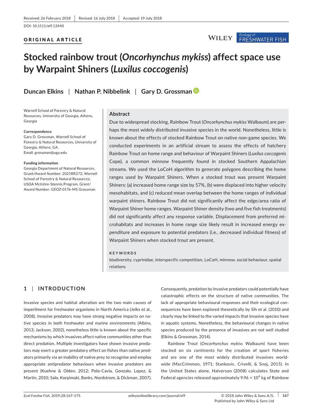 Affect Space Use by Warpaint Shiners (Luxilus Coccogenis)