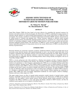 Seismic Effectiveness of Tuned Mass Damper (Tmd) for Different Ground Motion Parameters