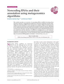 Noncoding Rnas and Their Annotation Using Metagenomics Algorithms Shubhra Sankar Ray1,2∗ and Sonam Maiti1