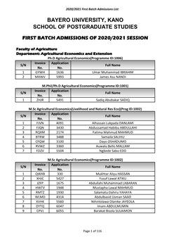 First Batch Admissions of 2020/2021 Session