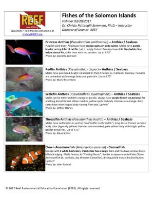 Fishes of the Solomon Islands Fishinar 03/20/2017 Dr